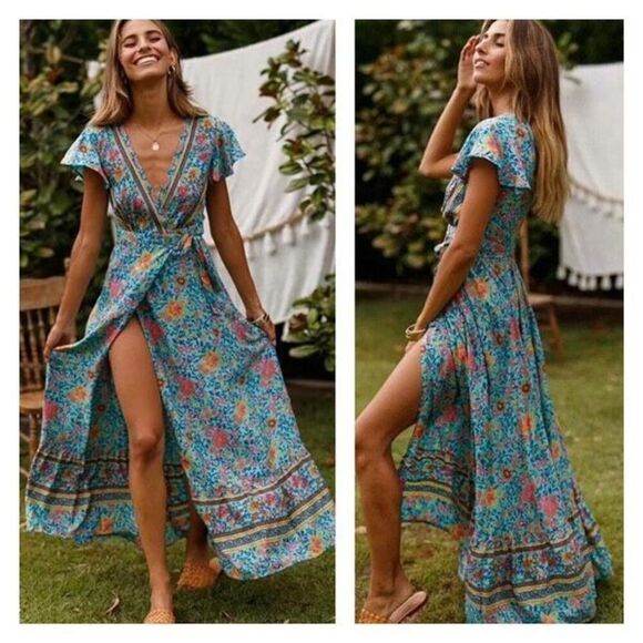 Boutique Short Sleeve Boho Floral Mixed Print Maxi Wrap Dress Boho Blue Small Ru - Picture 1 of 10